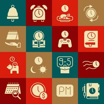 Set Daily paper notepad, Time flies on the clock, for book, Food time, is money Stock Illustration