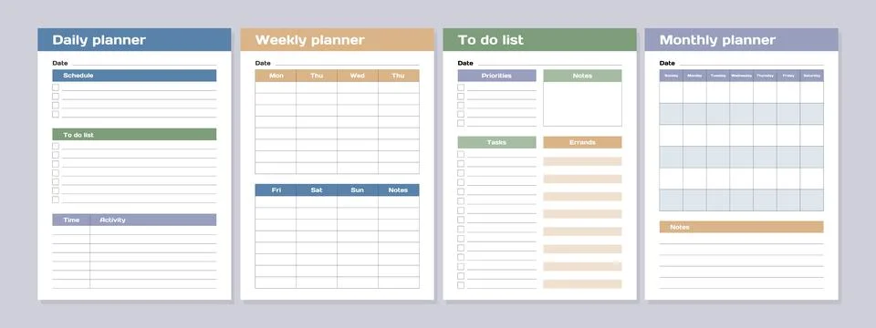 Set of daily planner, weekly planner, to do list, monthly planner. 스톡 일러스트