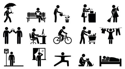 Set of daily routine stick figure icons representing diverse lifestyle 库存插图