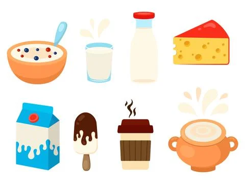 Set of dairy products in different packages. Milk splashes. Vector illustrati Stock Illustration