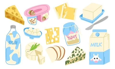 A Set of Dairy Vector Items: Mozzarella, Camembert, Blue Cheese, Cheddar, Mil Stock Illustration
