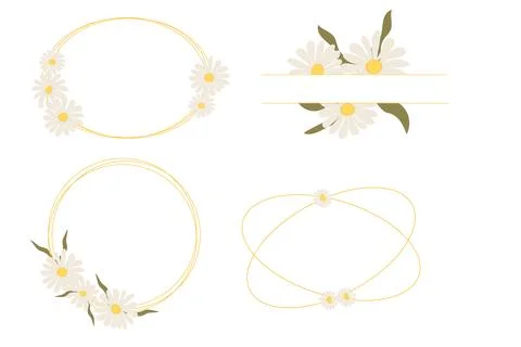 Set Daisy thin line frame oval, circle wreath, monogram border with flowers and Stock Illustration
