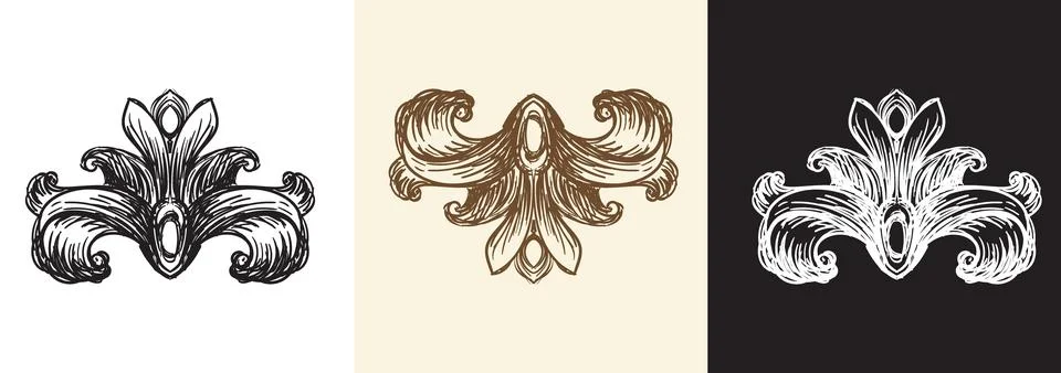 Set damask hand drawing design element vector graphic illustration Stock Illustration