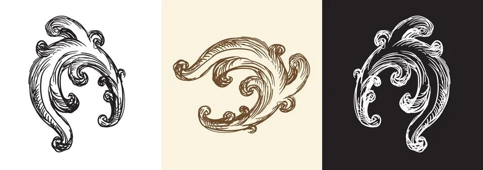 Set damask hand drawing design element illustration Stock Illustration