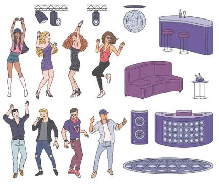 Set of dance night club elements sketch cartoon vector illustration isolated. Stock Illustration