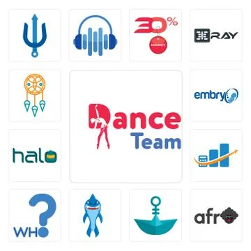Set of dance team, afro, paper boat, shark mascot, who, accounting, halo, emb Illustrazione stock gratuita