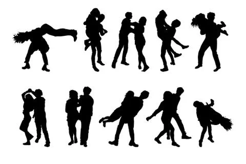 Set of dancing couples silhouettes isolated on white background. Stock Illustration