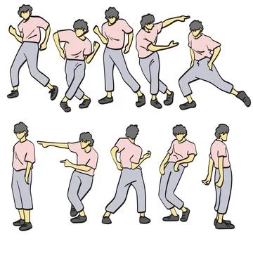 Set of dancing man in action illustration vector sketch with black lines Stock Illustration