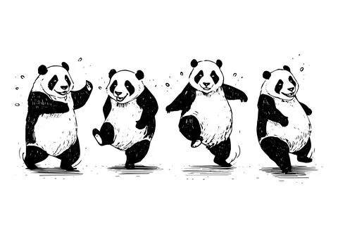 Set of dancing panda hand drawn ink sketch. Engraved style vector illustration. Stock Illustration