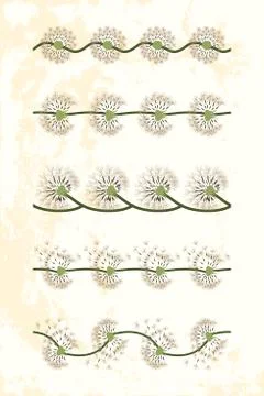 Set of dandelion seamless borders on light yellow textured backdrop. Stock Illustration