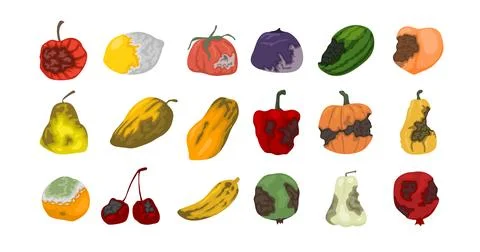 Set of danger rotten fruit poison collection, expired products with mold, S.. Stock Illustration