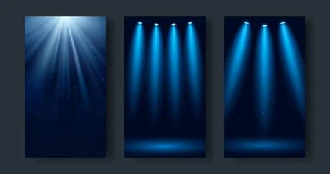 Set of dark blue backgrounds with glowing spotlights and light rays. Vector Illustrazione stock