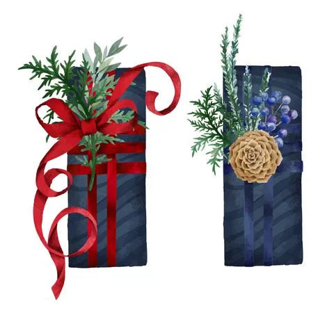 Set of dark blue christmas boxes decorated with fir branches Stock Illustration
