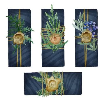 Set of dark blue christmas boxes decorated with fir branches Stock Illustration