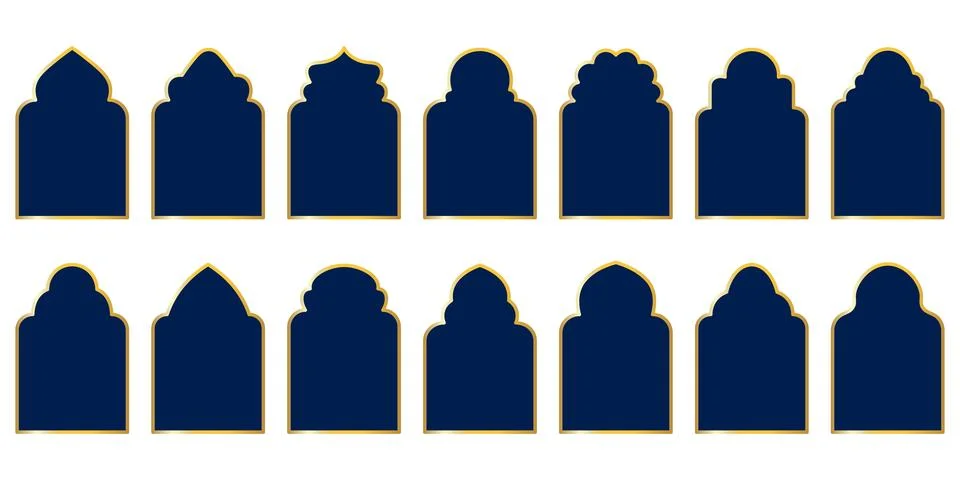 Set of dark blue Islamic window shapes with arched tops and small cutout ho.. Stock Illustration