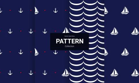 Set of  dark blue seamless patterns. Vector seamless nautical textures. Illustrazione stock