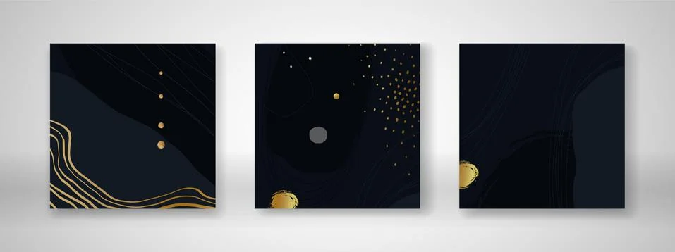 Set of dark blue square backgrounds with fold foil elements, hand drawn gold Stock Illustration