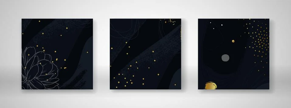 Set of dark blue square backgrounds with fold foil elements, hand drawn gold 库存插图