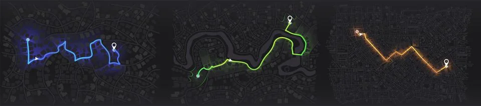 Set of dark city map navigation screens featuring glowing blue green and orange Stock Illustration