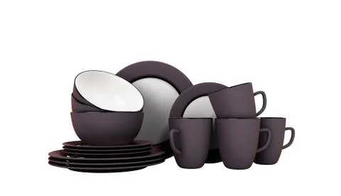 Set of dark dishes 3d render on white no shadow Stock Illustration
