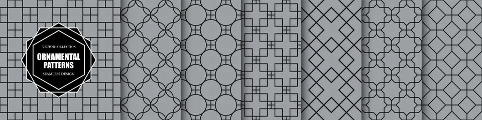 Set of dark gray classic geometric seamless ornamental patterns - symmetric t Stockillustratie