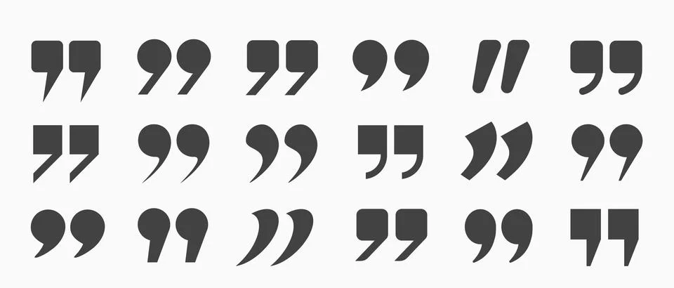 A set of dark gray quotation marks of different shapes on a white background. Stock Illustration