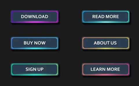 Set of dark rectangular neon glowing web buttons for internet store design Stock Illustration