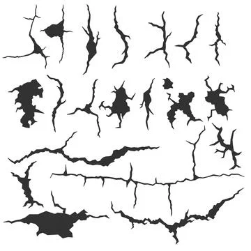 Set of dark wall cracks isolated on white background. Realistic fracture in.. Stock Illustration