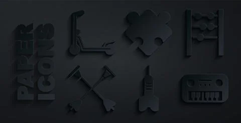 Set Dart arrow, Abacus, Arrow with sucker tip, Toy piano, Puzzle pieces toy and Stock-Illustration