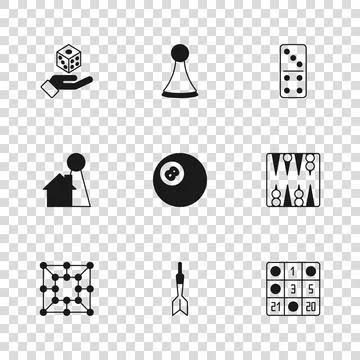 Set Dart arrow, Backgammon board, Bingo card, Billiard pool snooker ball, D.. Stock Illustration