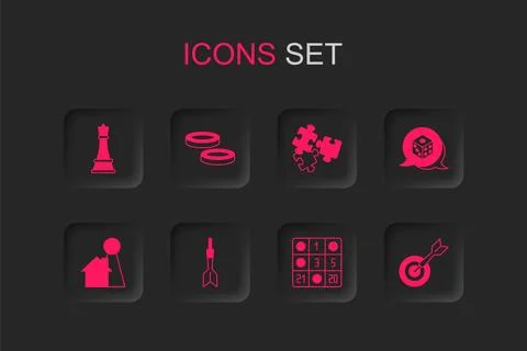 Set Dart arrow, Checker game chips, Chess, Bingo card, Game dice, Classic d.. Stock Illustration