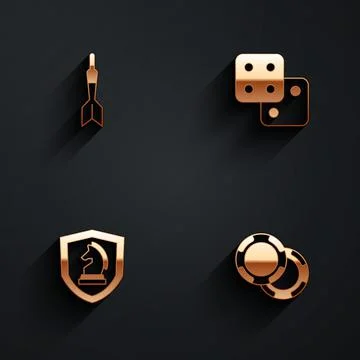 Set Dart arrow, Game dice, Chess and Casino chips icon with long shadow. Vector Illustrazione stock