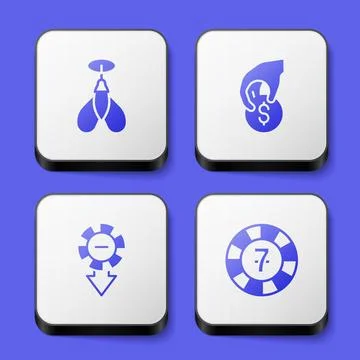 Set Dart arrow, Hand holding casino chips, Casino and icon. White square bu.. Illustrazione stock