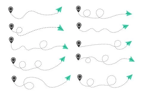 Set of dashed line air plane route with location icon, flat design Stock Illustration