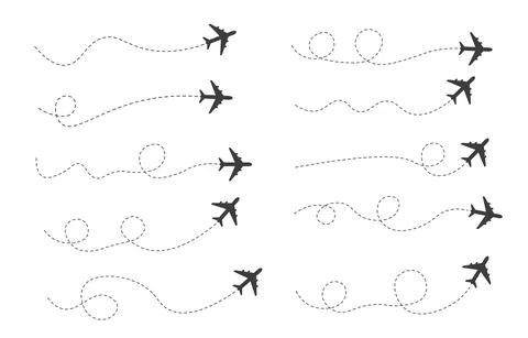 Set of dashed line air plane route , flat design Stock Illustration