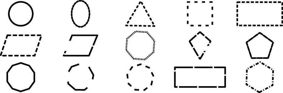 Set of dashed line geometric shapes, outline of various polygons, black str.. Stock Illustration
