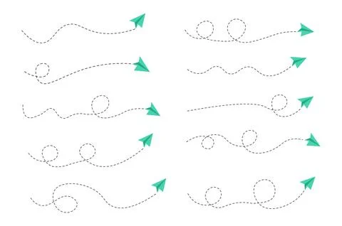 Set of dashed line paper airplane route Stock Illustration