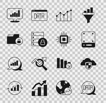 Set Data analysis, Cloud and shield, Server, Pie chart infographic, security Stock Illustration