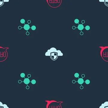 Set Data analysis, Cloud and shield and Mind map infographic on seamless pattern Illustrazione stock