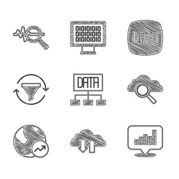 Set Data analysis, Cloud download and upload, Pie chart infographic, Search イラスト素材