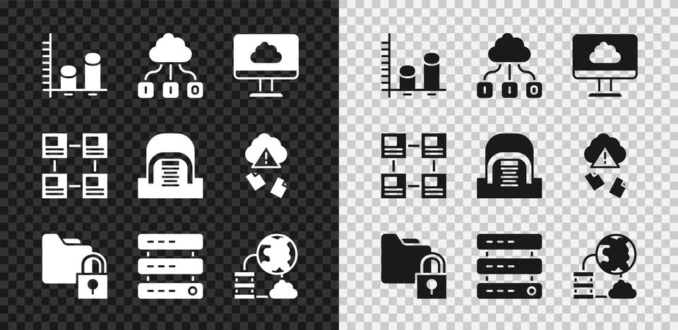 Set Data analysis, Cloud technology data transfer, Folder and lock, Server, Data Stock Illustration