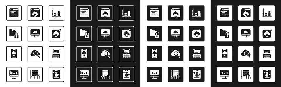 Set Data analysis, Cloud technology data transfer, Folder and lock, Software Illustrazione stock