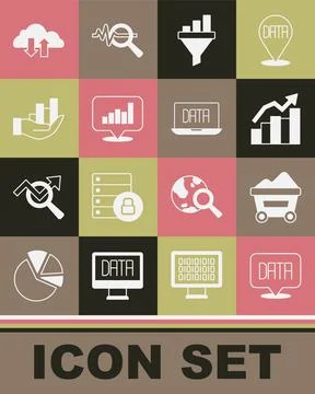 Set Data analysis, Coal mine trolley, Financial growth, Sales funnel with chart Stock Illustration
