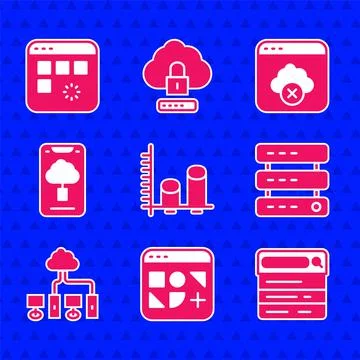 Set Data analysis, Different files, Search engine, Server, Data, Web Hosting Stock Illustration