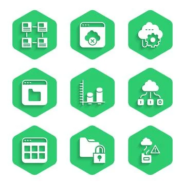 Set Data analysis, Folder and lock, Cloud technology data transfer, Browser Stock Illustration