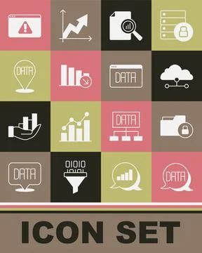 Set Data analysis, Folder and lock, Network cloud connection, Document with Stock Illustration