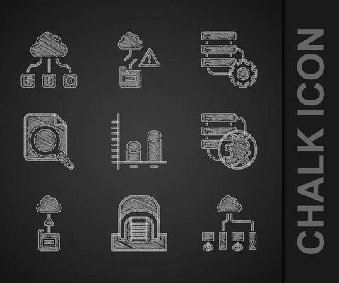 Set Data analysis, Hangar with servers, Computer network, Network cloud Stock Illustration