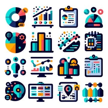 Set of data analysis icons in 2d, flat style on white background. Illustrazione stock