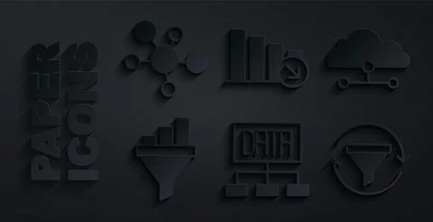 Set Data analysis, Network cloud connection, Sales funnel with chart, Financi Illustrazione stock