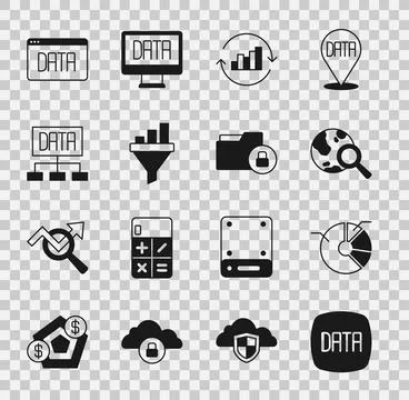 Set Data analysis, Pie chart infographic, Search globe, Sales funnel with, and Stock Illustration